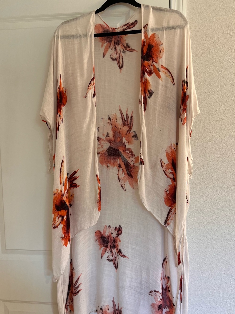 Ivory Watercolor Floral Open Front Kimono Duster - One Size - Boho